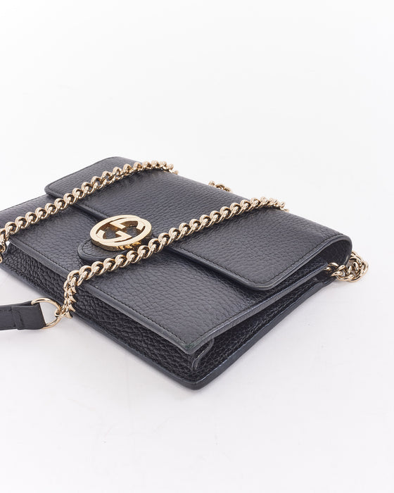Gucci Black Grained Leather Dollar Interlocking G Wallet On Chain
