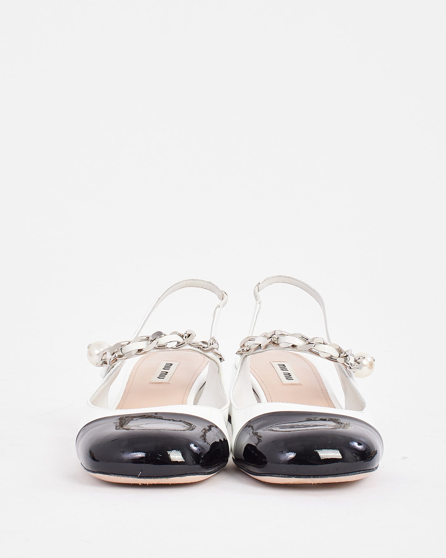Miu Miu White Patent Leather Mary Jane Pumps With Pearl Strap - 37.5