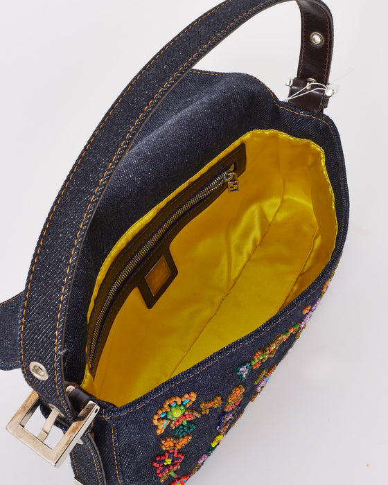 Fendi Blue Denim Beaded Baguette Shoulder Bag