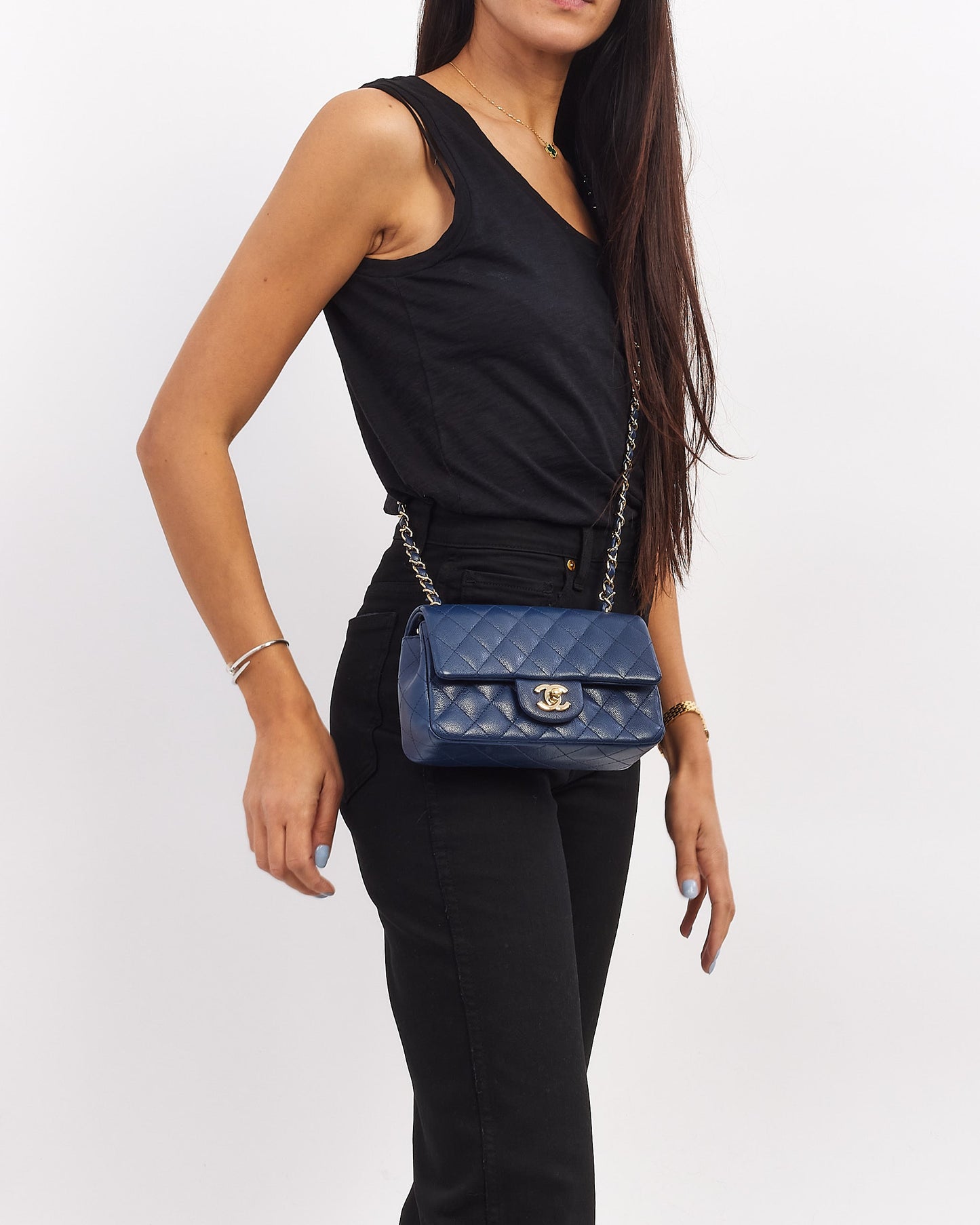 Chanel Navy Blue Caviar Leather Mini Classic Rectangular Flap Bag
