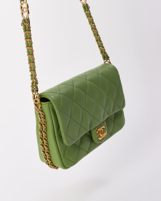 Chanel Green Leather with Gold Double CC Chain Flap Bag