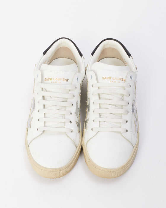 Saint Laurent White & Silver Leather Low Top Star Sneakers - 37