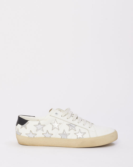 Saint Laurent White & Silver Leather Low Top Star Sneakers - 37