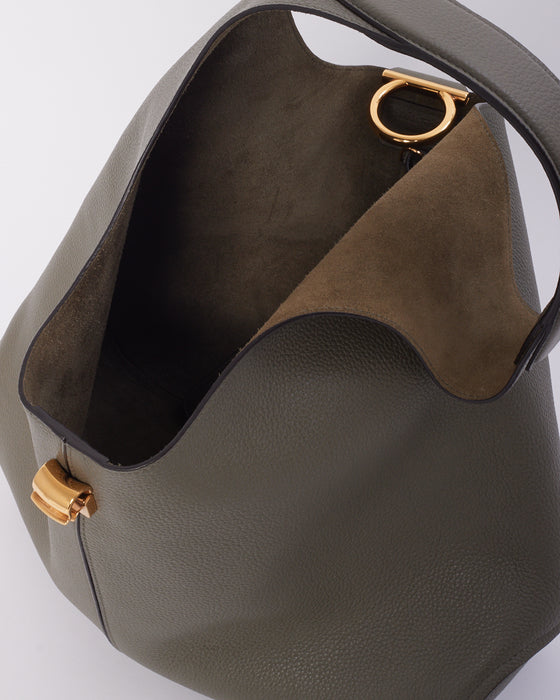 Salvatore Ferragamo Grey Leather Hobo Bag with Gold Buckle