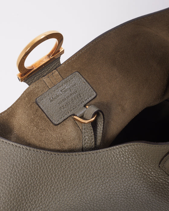 Salvatore Ferragamo Grey Leather Hobo Bag with Gold Buckle