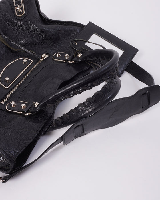 Balenciaga Black Leather Motocross Metallic Edge City Bag