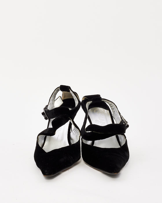 Chanel Black Velvet CC Crystal Logo Pointed Toe Pumps - 41