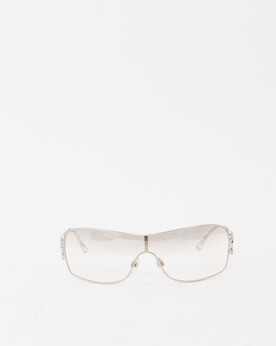 Chanel Vintage Silver Metal Clear Lens Crystal CC Logo Shield Sunglasses