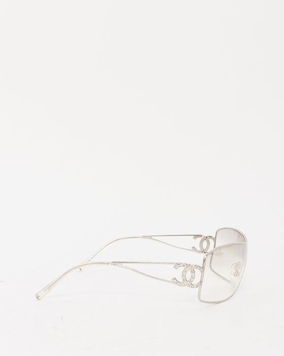 Chanel Vintage Silver Metal Clear Lens Crystal CC Logo Shield Sunglasses