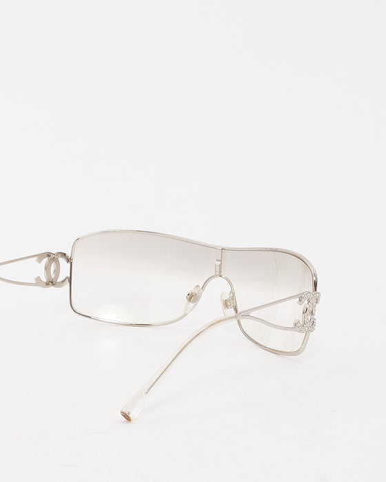 Chanel Vintage Silver Metal Clear Lens Crystal CC Logo Shield Sunglasses