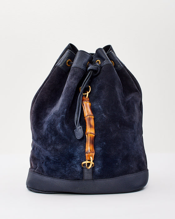 Gucci Vintage Navy Blue Suede & Leather Bamboo Handle Duffle Backpack