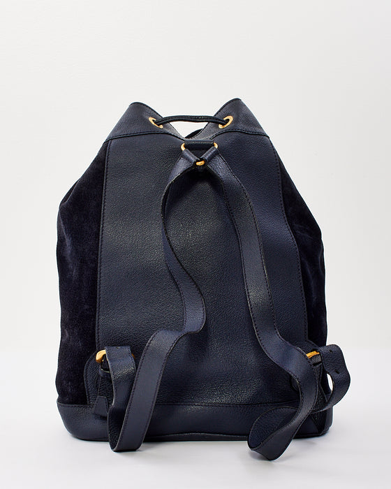 Gucci Vintage Navy Blue Suede & Leather Bamboo Handle Duffle Backpack