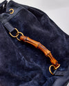 Gucci Vintage Navy Blue Suede & Leather Bamboo Handle Duffle Backpack