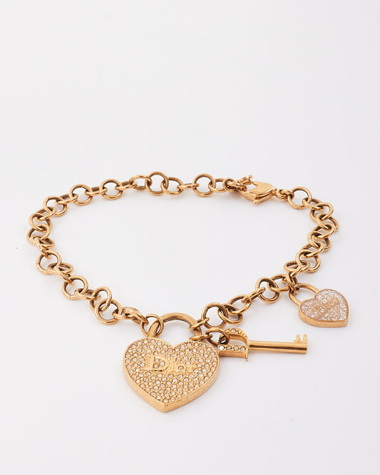 Dior Gold Tone Metal Crystal Heart & Key Charm Bracelet