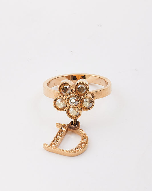 Dior Gold Tone Metal Flower Crystal Rose D Charm Ring -6