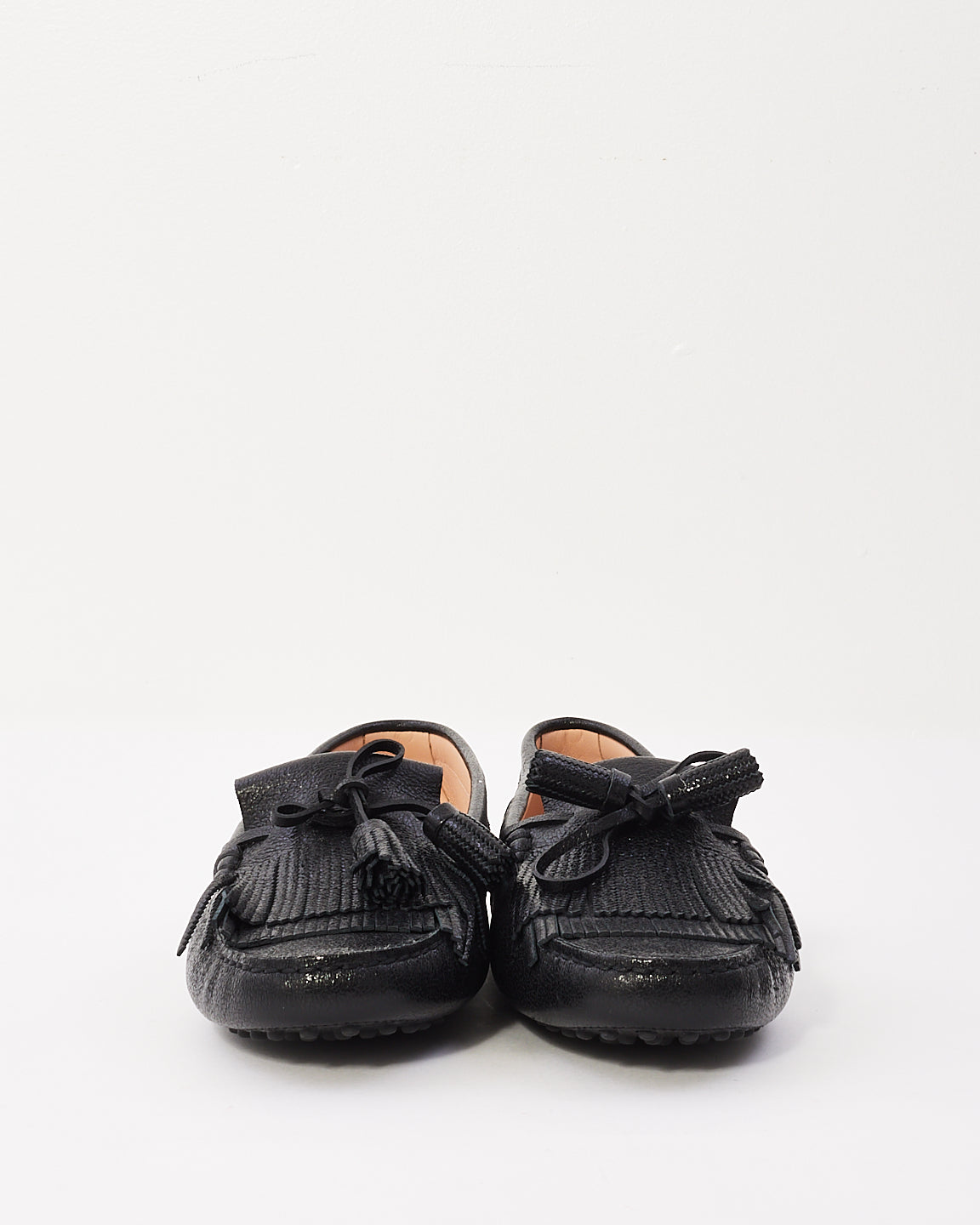 Tods Black Leather Fringe Loafers - 39
