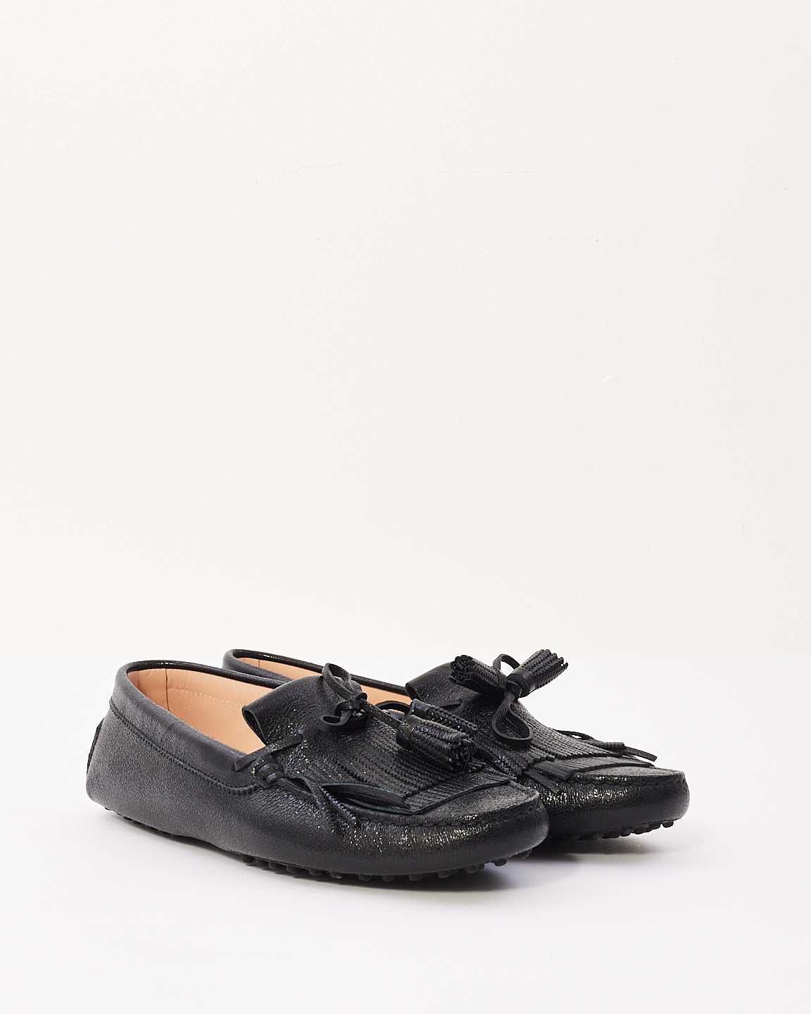 Tods Black Leather Fringe Loafers - 39