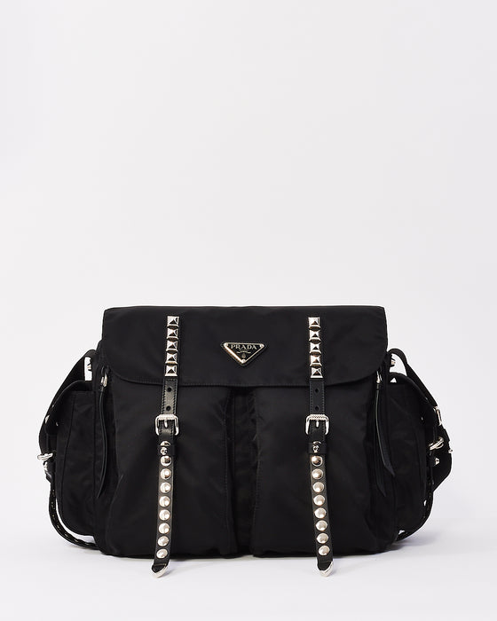 Prada Black Nylon Stud Embellished Tessuto Messenger Bag
