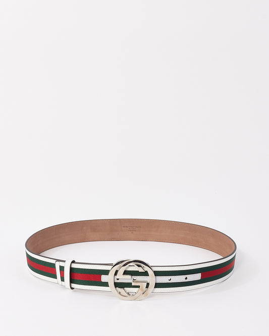 Gucci White & Green Leather & Canvas Web Interlocking GG Belt - 90/36