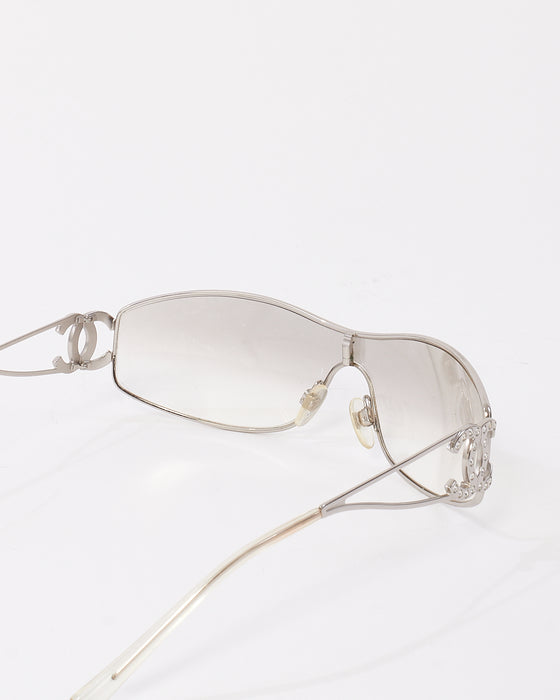 Chanel Vintage Silver Metal With CC Rhinestone Logo Clear Lense Sunglasses