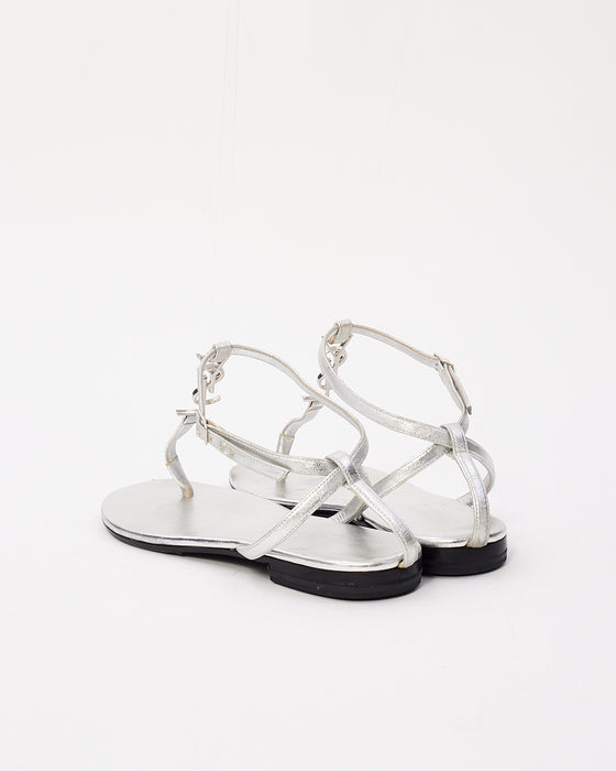 Saint Laurent Silver Leather YSL Logo Cassandra Sandals - 37