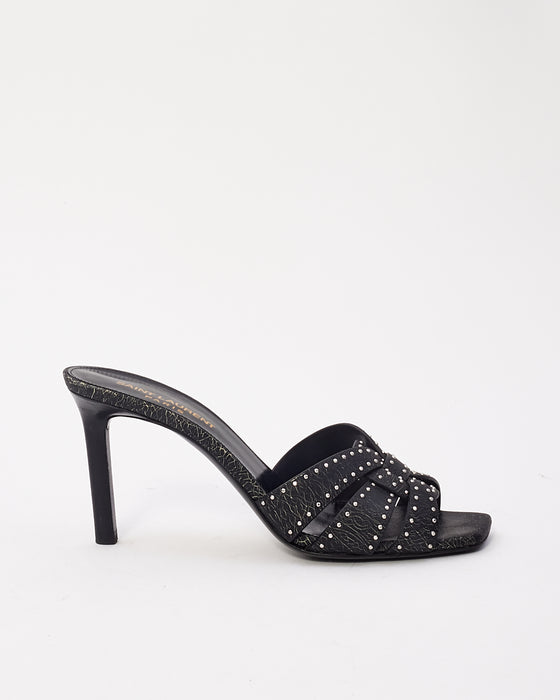 Saint Laurent Black Leather Tribute Studded Heeled Mules - 37.5