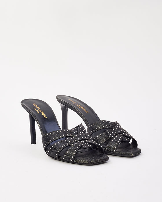 Saint Laurent Black Leather Tribute Studded Heeled Mules - 37.5