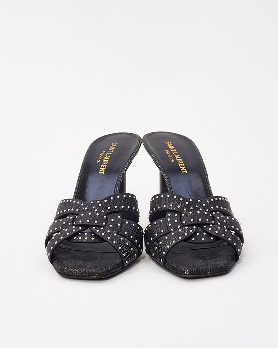 Saint Laurent Black Leather Tribute Studded Heeled Mules - 37.5