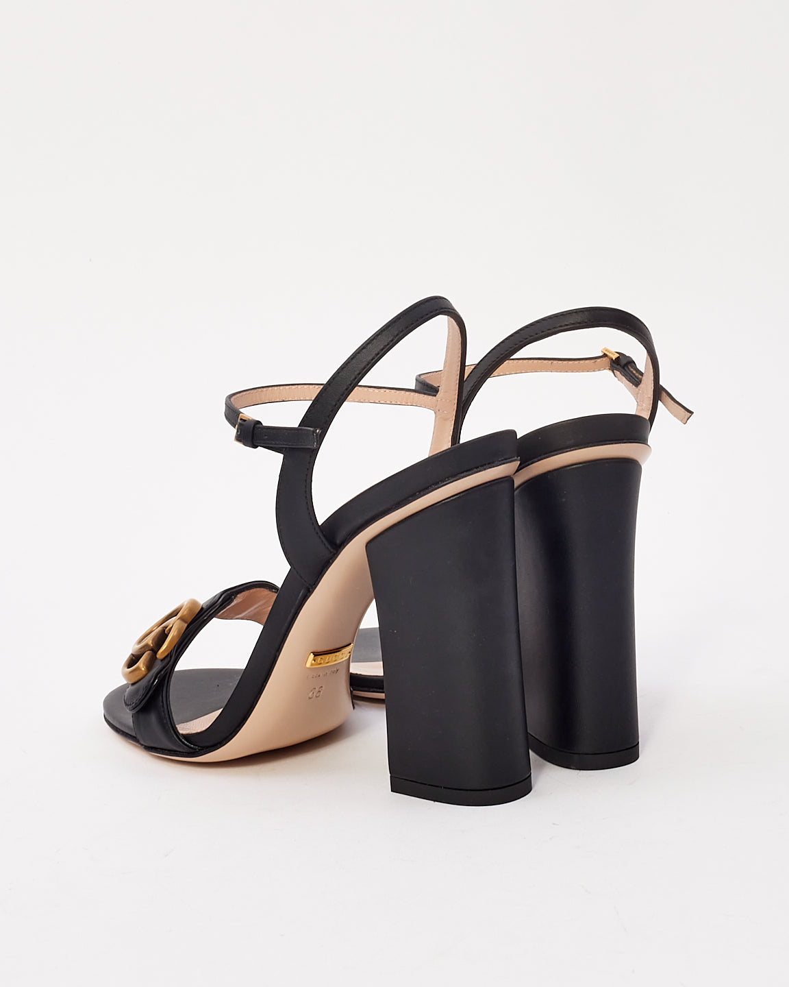 Explore a Gucci Black Leather GG Marmont Block Heel Sandals 38