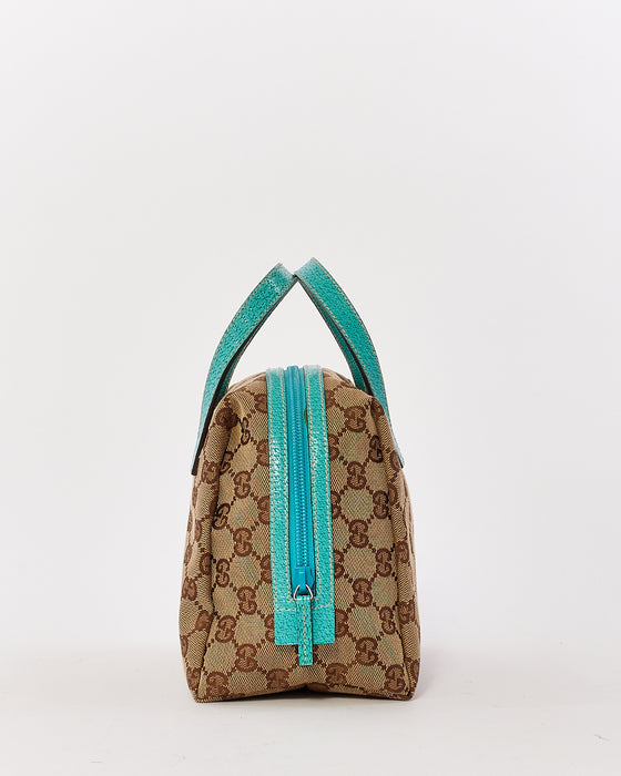 Gucci Brown GG Monogram Canvas / Turquoise Trim Small Top Handle Bag