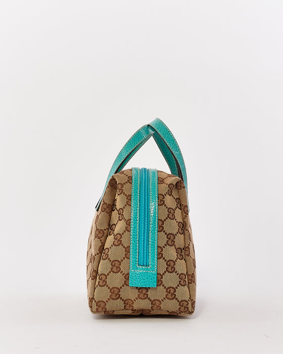 Gucci Brown GG Monogram Canvas / Turquoise Trim Small Top Handle Bag