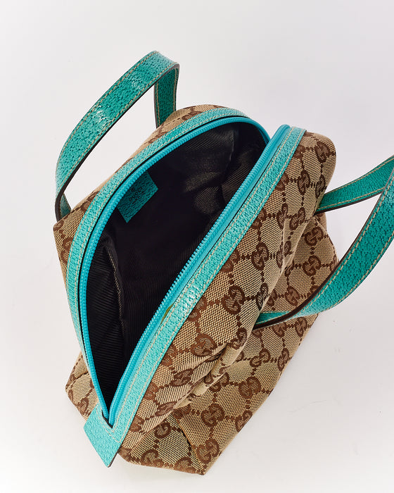 Gucci Brown GG Monogram Canvas / Turquoise Trim Small Top Handle Bag