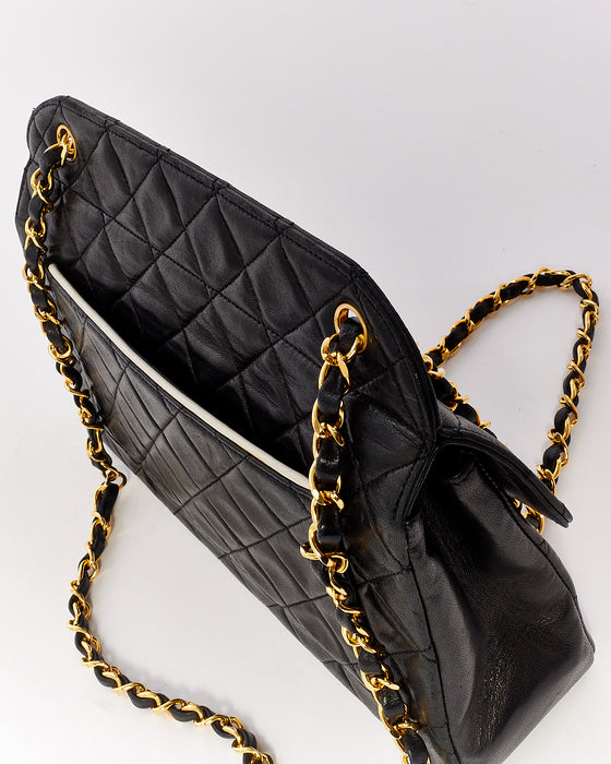 Chanel Vintage Black Lambskin Leather Single Flap Pocket Chain Shoulder Bag