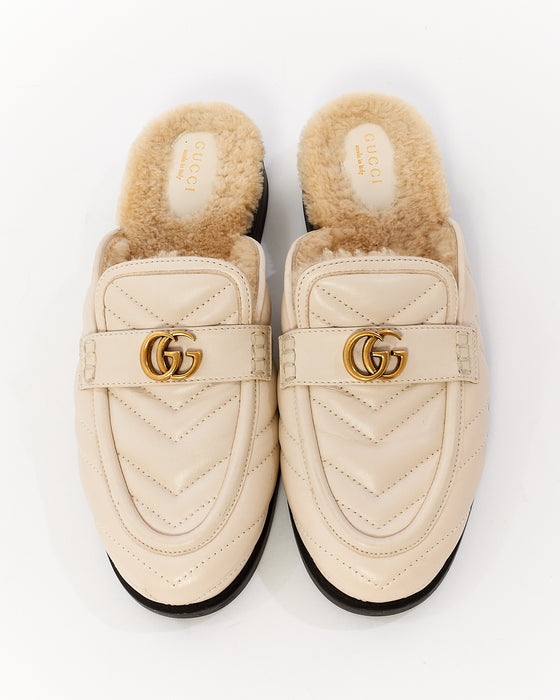Gucci White Matelassé Leather Marmont GG Nappa Charlotte Shearling Slides - 38