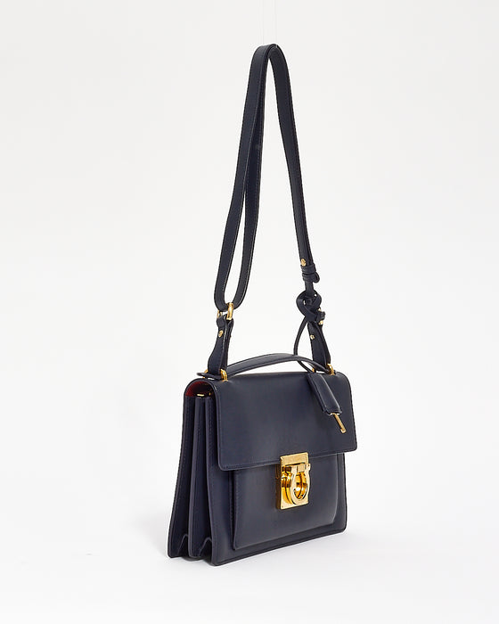 Salvatore Ferragamo Navy Blue Smooth Calfskin Leather Gancini Marisol Satchel
