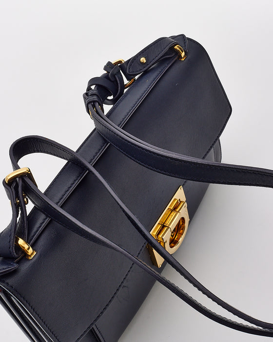 Salvatore Ferragamo Navy Blue Smooth Calfskin Leather Gancini Marisol Satchel