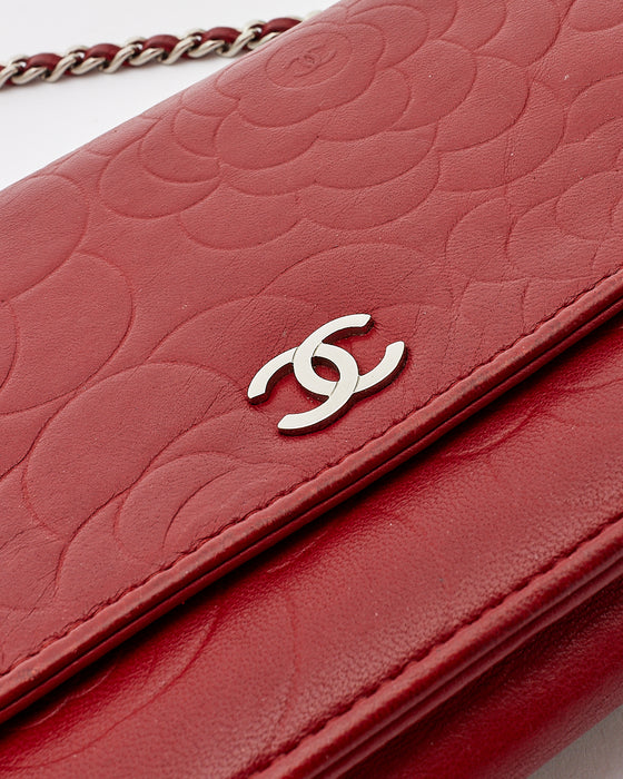 Chanel Red Leather Camellia Embossed Wallet On Chain