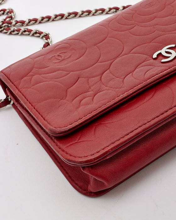 Chanel Red Leather Camellia Embossed Wallet On Chain