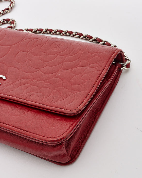 CHANEL Lambskin Camellia Embossed Wallet On Chain WOC Pink 708403