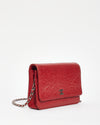 Chanel Red Leather Camellia Embossed Wallet On Chain