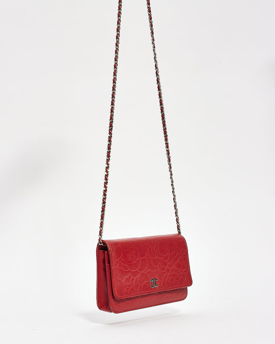 Chanel Red Leather Camellia Embossed Wallet On Chain