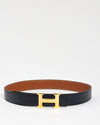 Hermès Gold/Navy Clemence & Swift Leather Reversible Brushed Gold H Logo Belt - 90