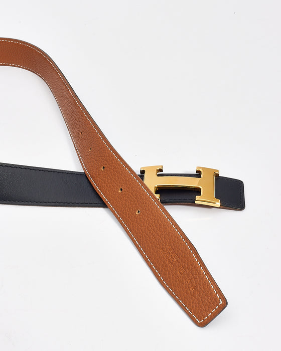 Hermès Gold/Navy Clemence & Swift Leather Reversible Brushed Gold H Logo Belt - 90