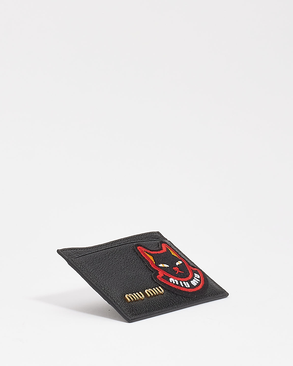 Porte-cartes Miu Miu en cuir noir avec patch chat