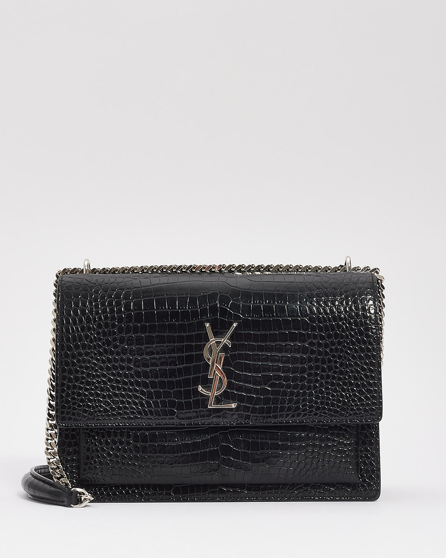 Explore a Saint Laurent Black Croc Embossed Shiny Leather Medium