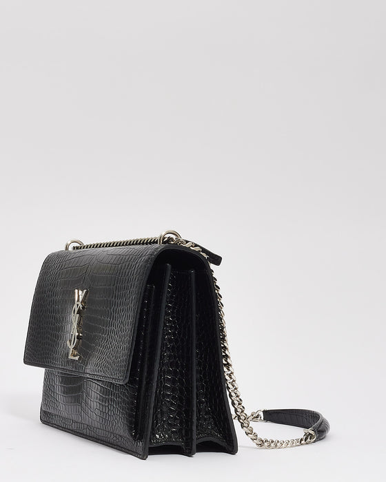 Saint Laurent Black Croc Embossed Shiny Leather Medium Sunset Chain Bag