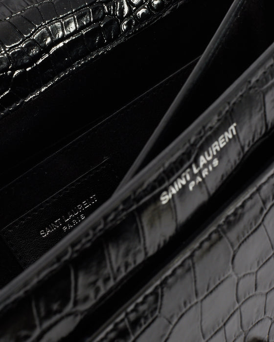 Saint Laurent Black Croc Embossed Shiny Leather Medium Sunset Chain Bag