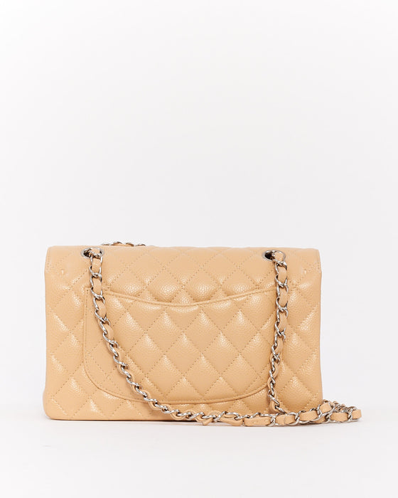 Chanel Beige Caviar Leather Small Classic Double Flap Bag with Silver Hardware
