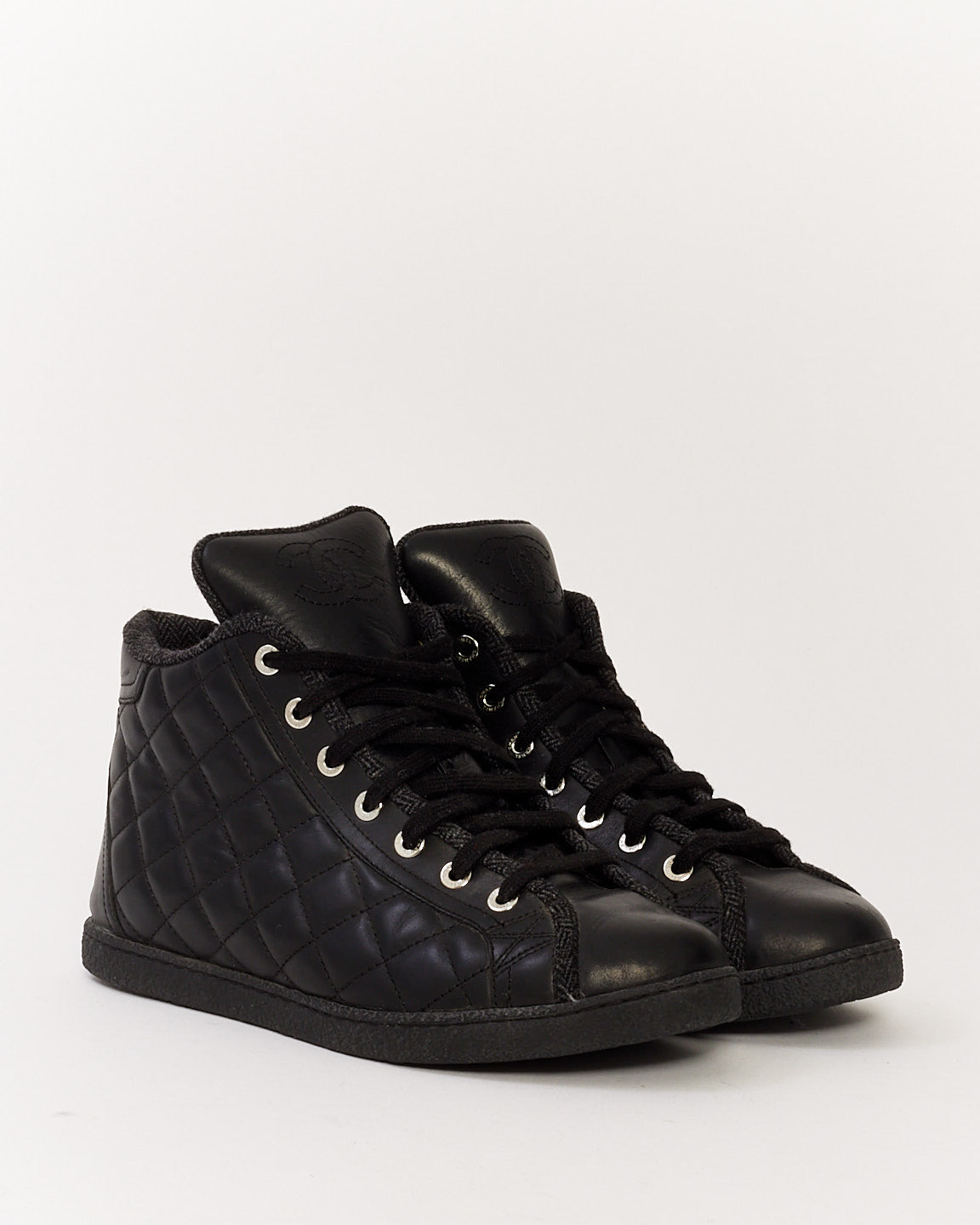 Chanel Black Quilted Lambskin Leather High Top Sneakers - 37.5