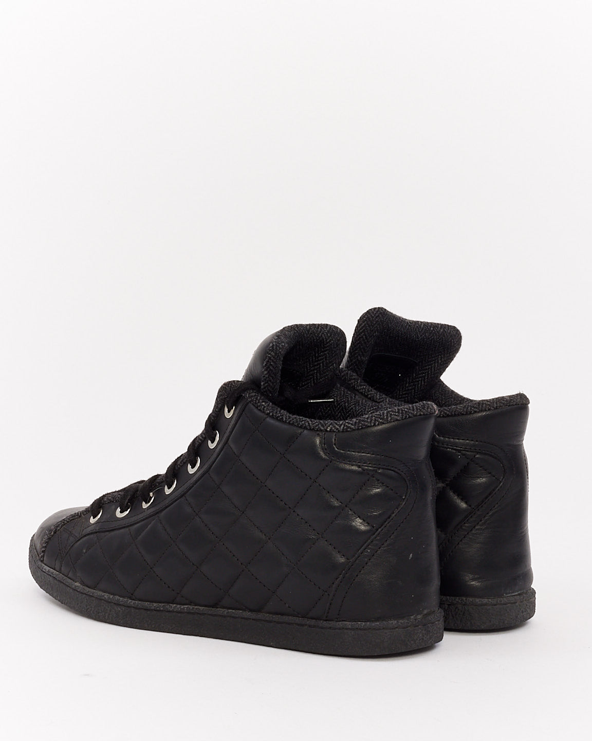 Chanel Black Quilted Lambskin Leather High Top Sneakers - 37.5